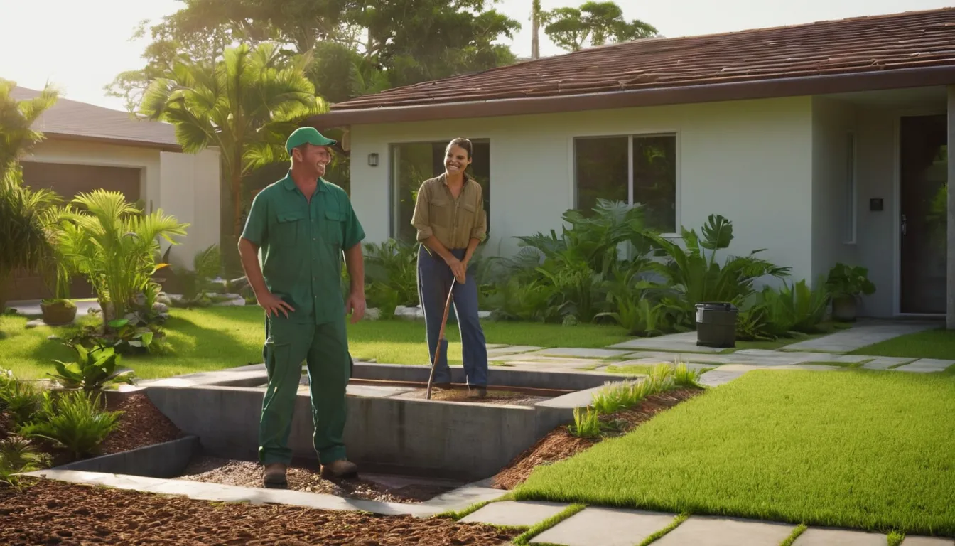 A friendly septic provider talking with a homeowner beside an open tank lid in a yard near Plant City